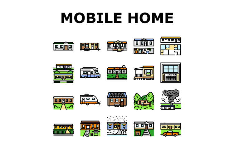 mobile home trailer, camper icons set vector