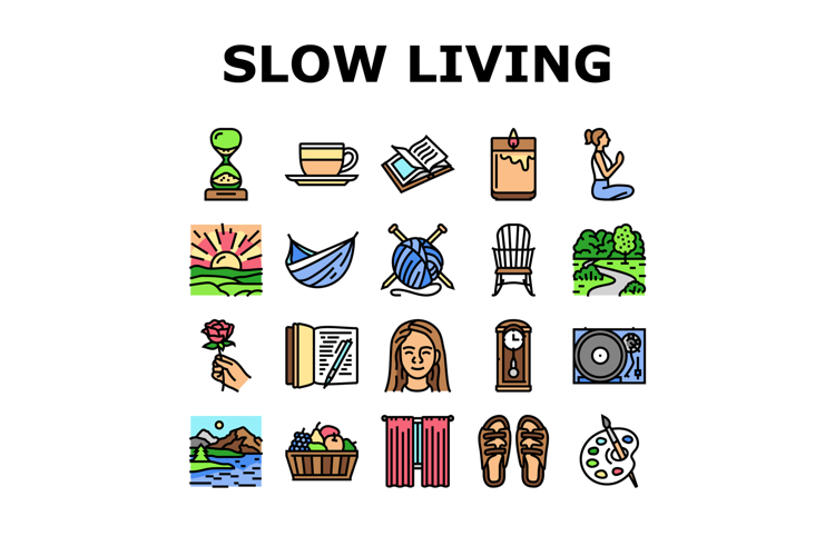 slow living mindfulness balance icons set vector
