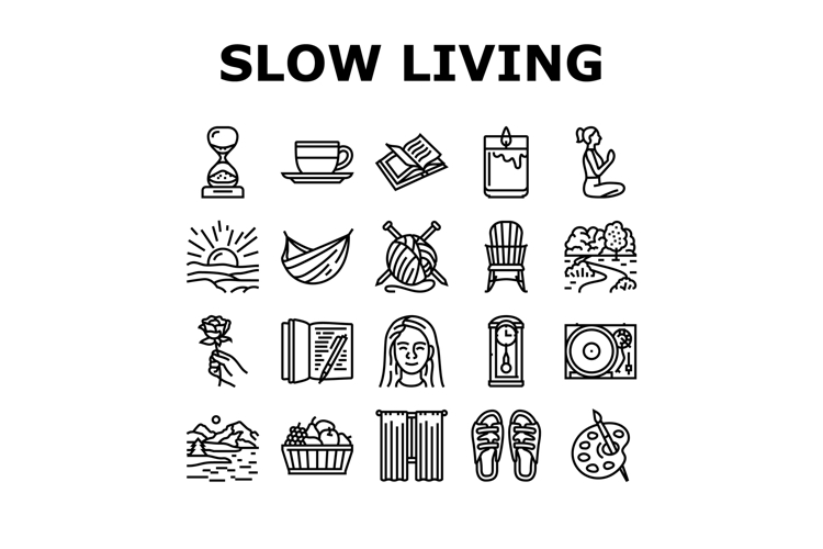 slow living mindfulness balance icons set vector