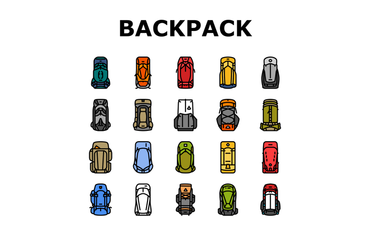 hiking backpack gear trail icons set vector