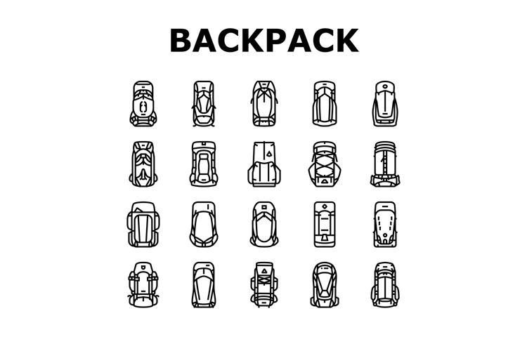 hiking backpack gear trail icons set vector