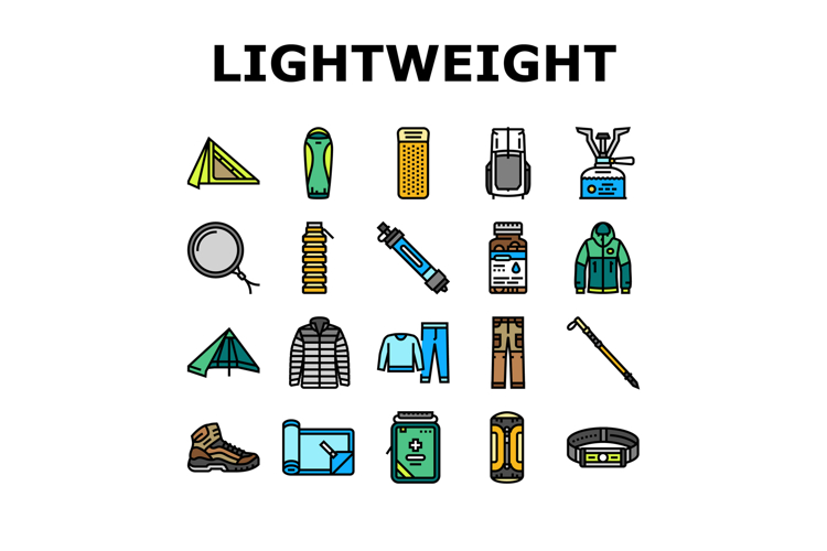 lightweight backpacking icons set vector