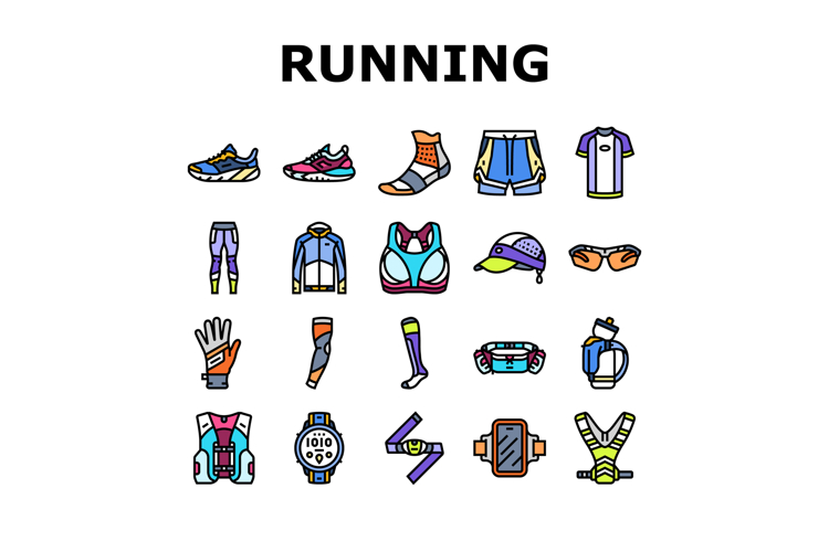 running accessories shoes watch icons set vector