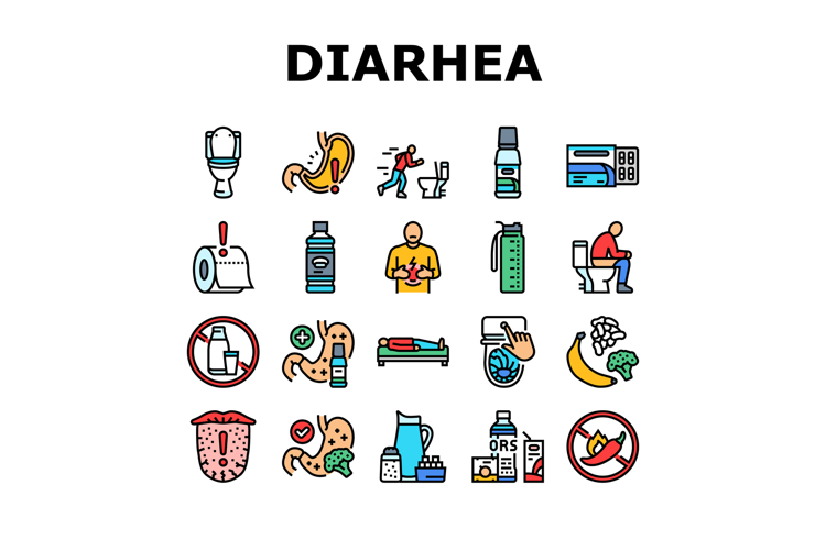 diarrhea causes icons set vector