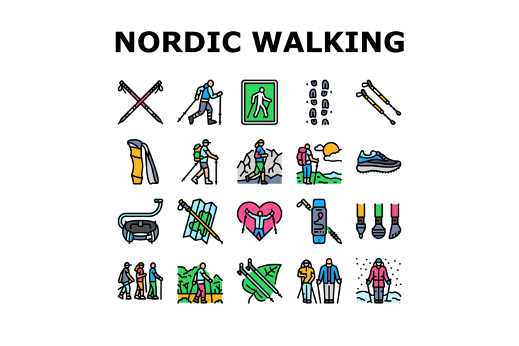nordic walking exercise outdoor icons set vector
