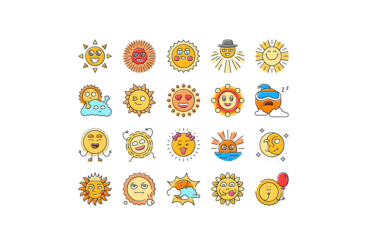 cute sun character sunny icons set vector