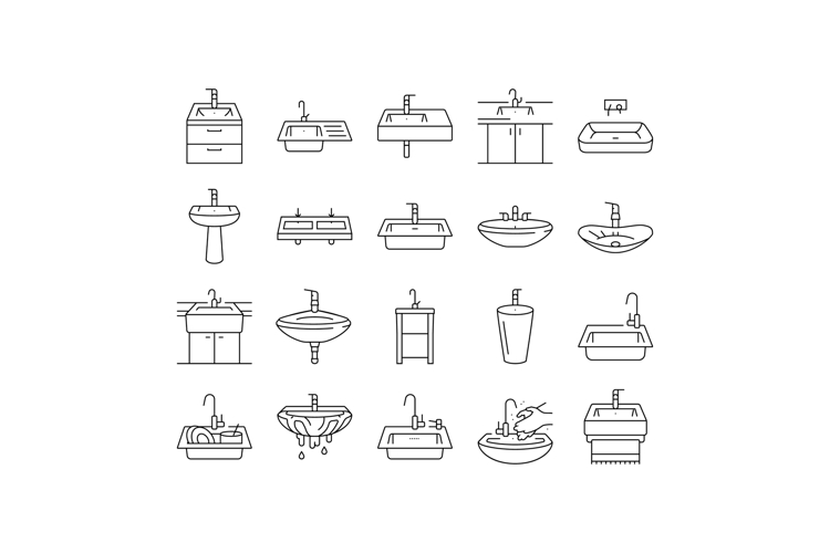 sink porcelain drain faucet icons set vector