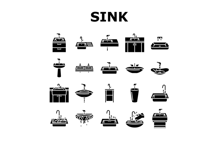 sink porcelain drain faucet icons set vector