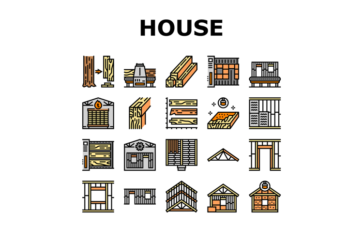 wood frame house construction icons set vector