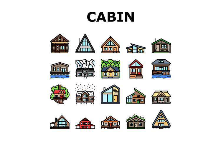 wooden cabin log icons set vector