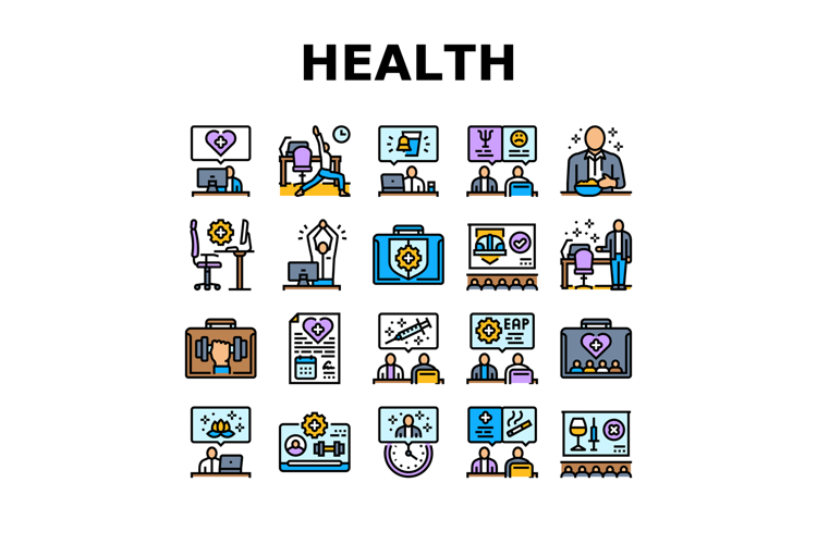 employee health office wellness icons set vector