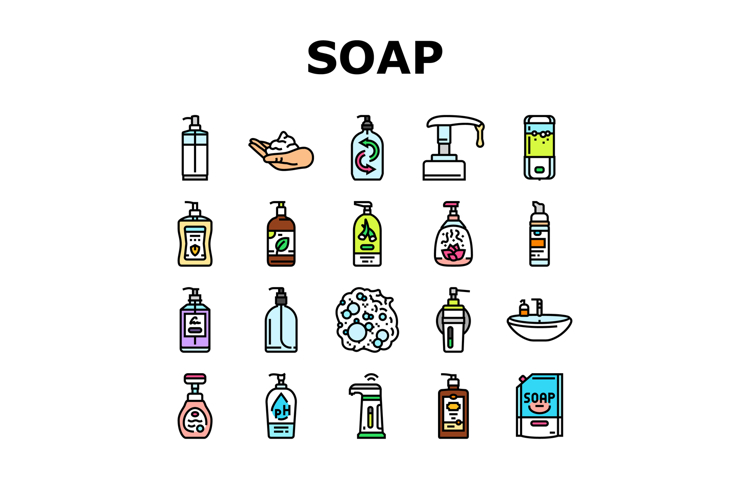 liquid soap cleanser hygiene icons set vector