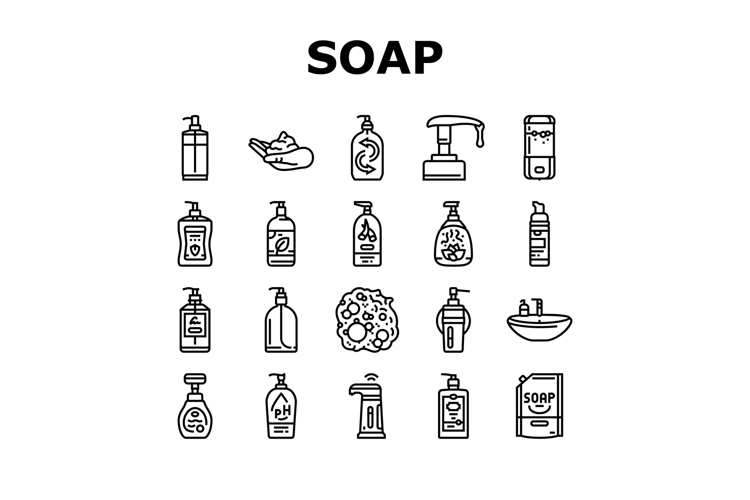 liquid soap cleanser hygiene icons set vector