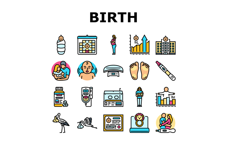 birth pregnancy newborn infant icons set vector