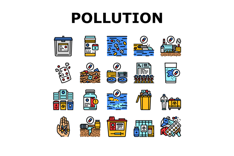 pharmaceutical pollution icons set vector