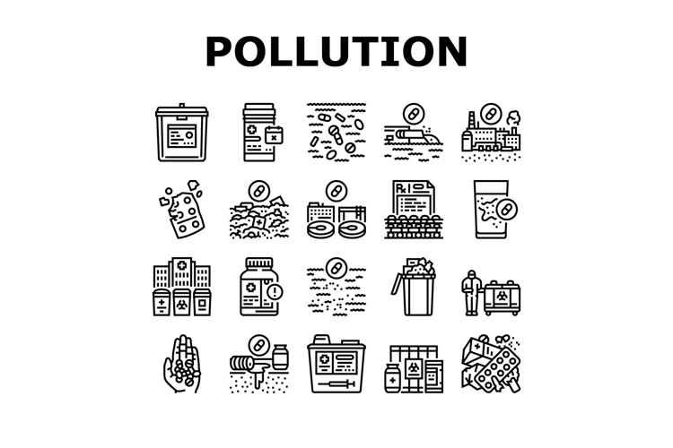 pharmaceutical pollution icons set vector