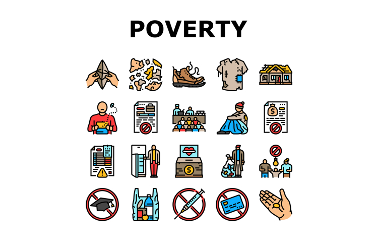poverty inequality unemployment icons set vector
