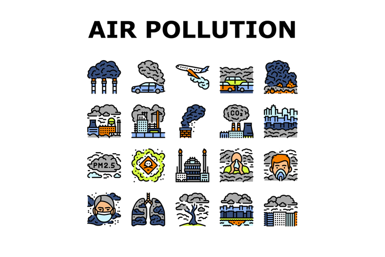 air pollution smog emissions icons set vector