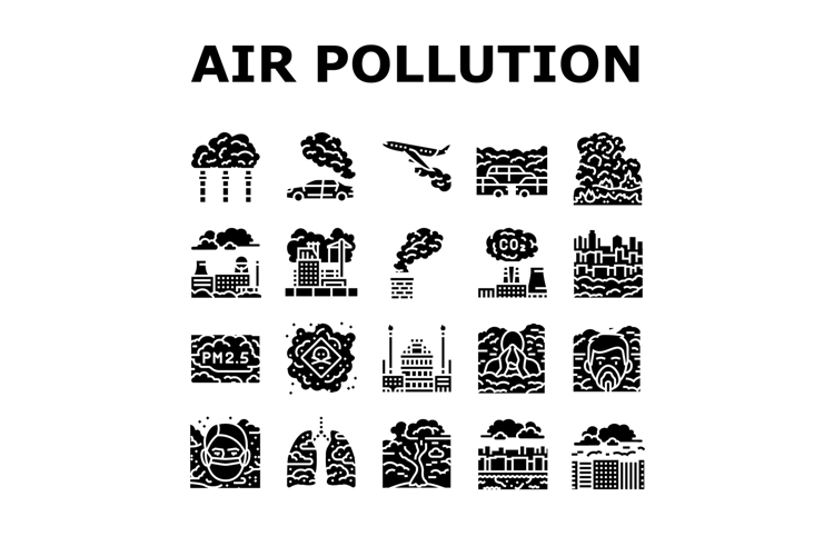 air pollution smog emissions icons set vector