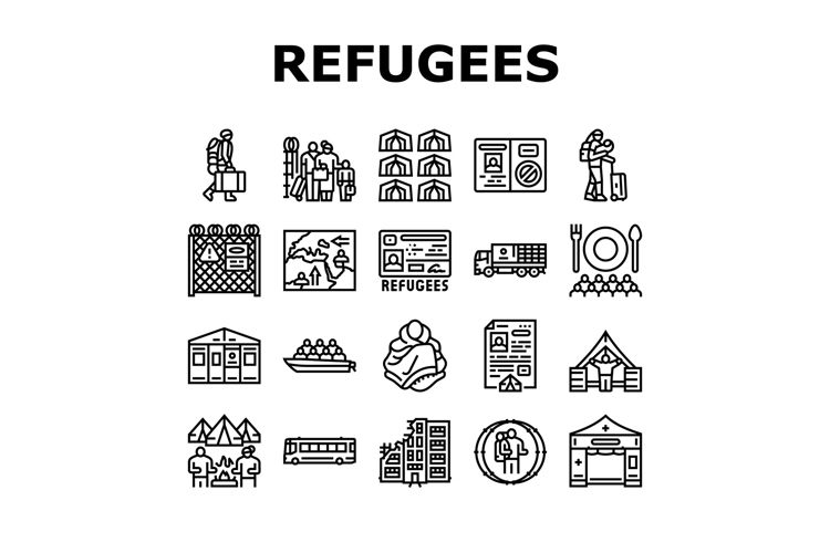 refugees asylum crisis icons set vector
