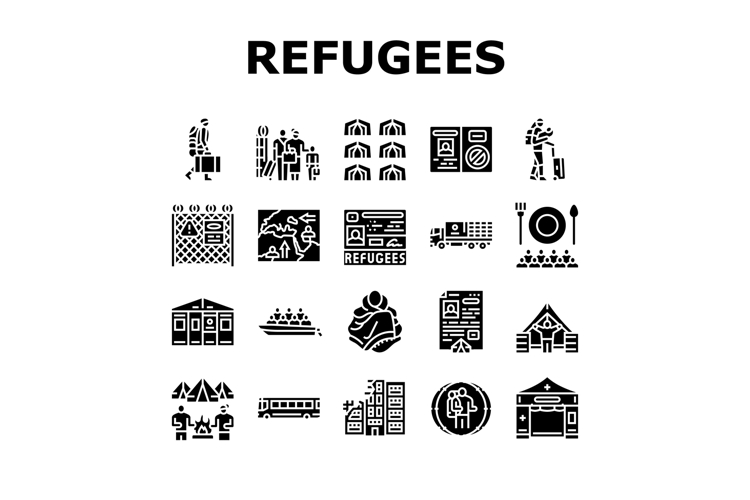 refugees asylum crisis icons set vector