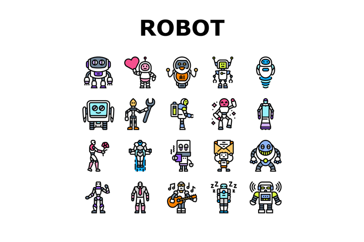 robot character cyborg icons set vector