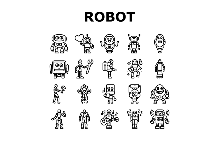 robot character cyborg icons set vector
