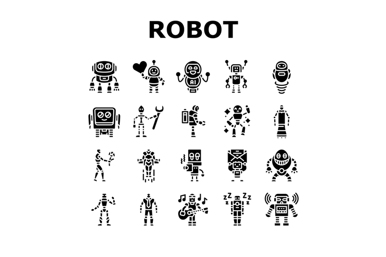 robot character cyborg icons set vector