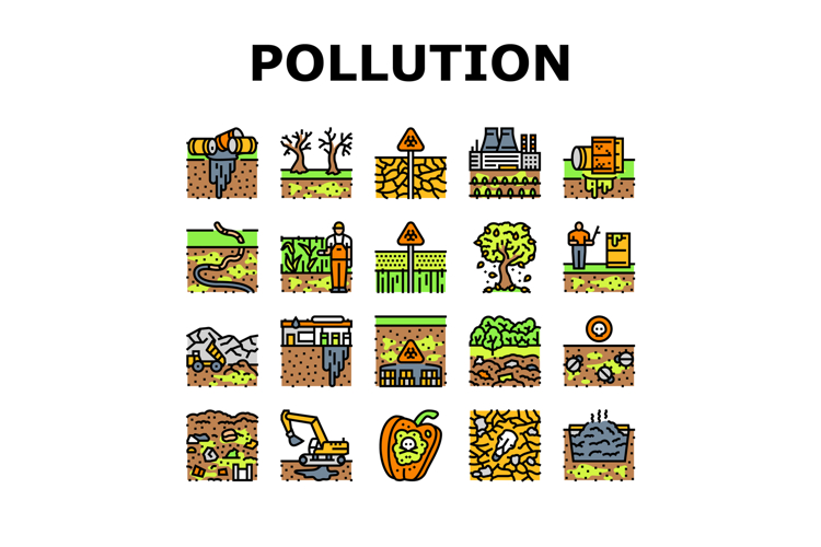 soil pollution erosion icons set vector
