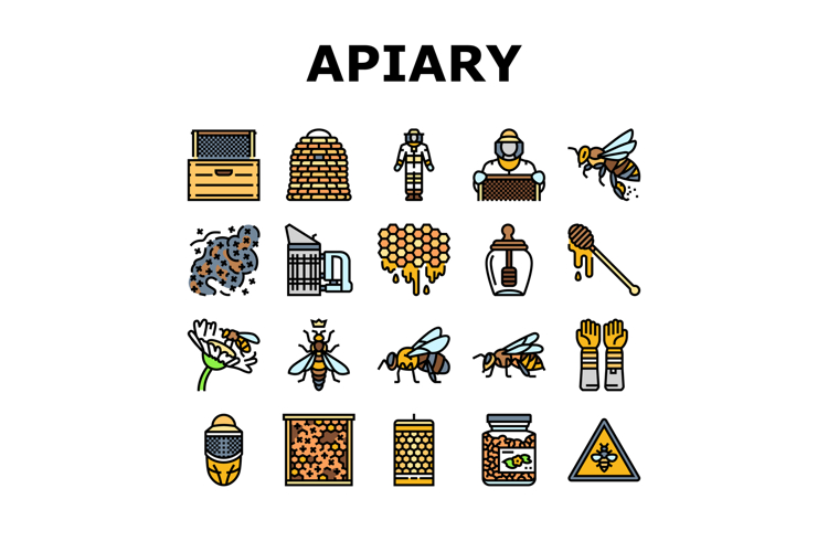apiary beekeeping bees icons set vector