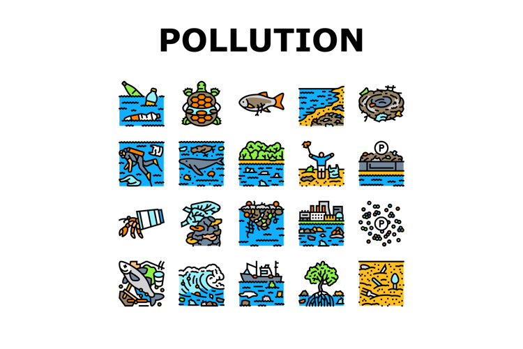 plastic pollution microplastics icons set vector