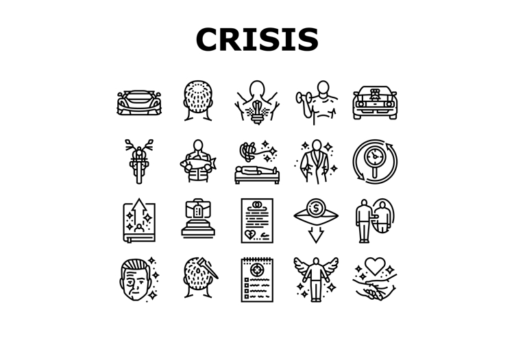 man midlife crisis aging icons set vector