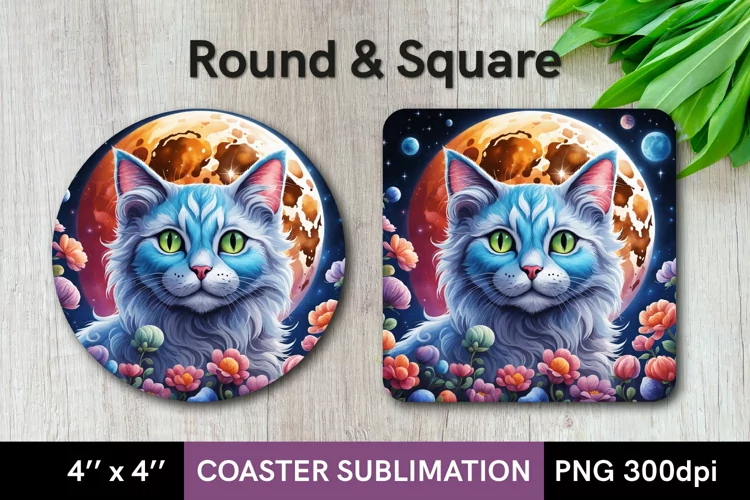 Space Cat with Flowers. Round and Square Coaster Sublimation