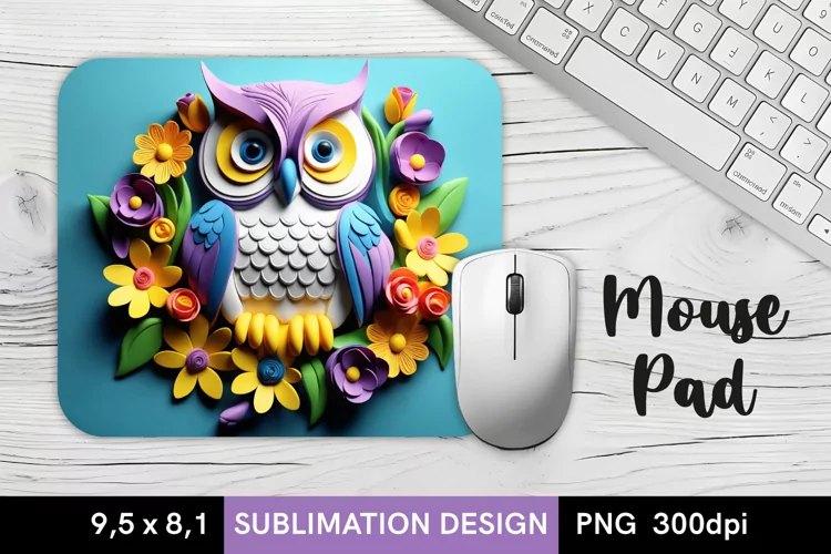 3D Owl with Flowers - MousePad Sublimation Design