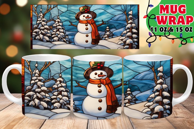 Snowman Christmas Stained Glass Splendor 11oz 15oz Mug Wrap example image 1