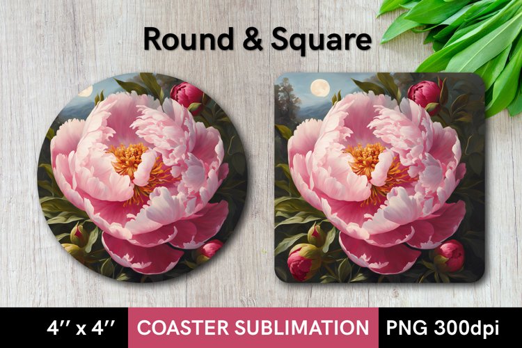 Peony Flower - Round and Square Coaster Sublimation Design