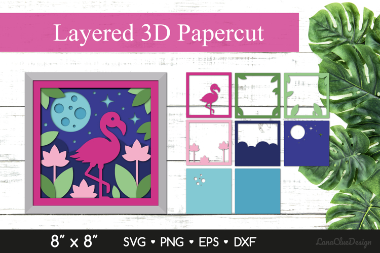 Flamingo at Night 3D Shadow Box SVG, Layered Paper Cut
