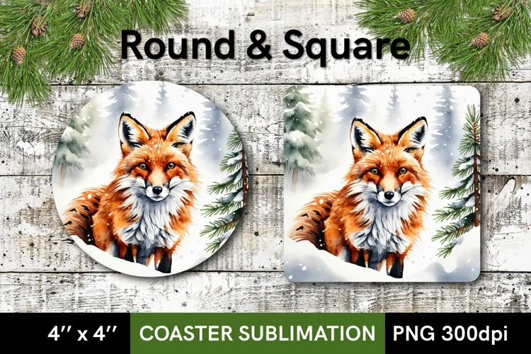 Watercolor Winter Fox. Round and Square Coaster Sublimation
