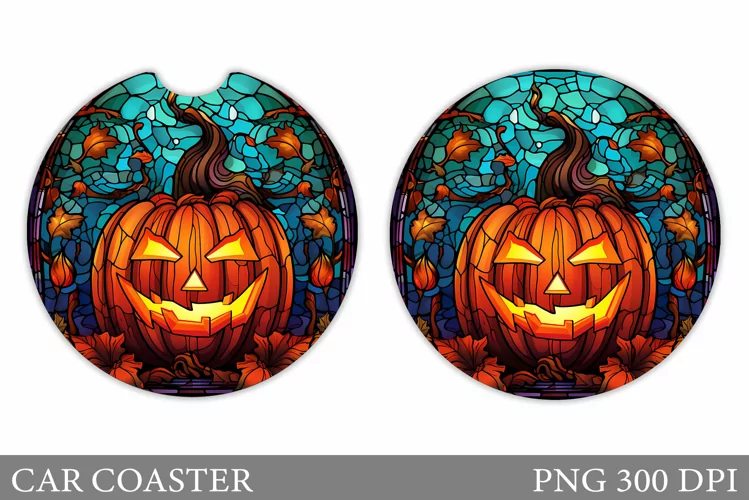 Stained Glass Pumpkin Car Coaster. Halloween Car Coaster