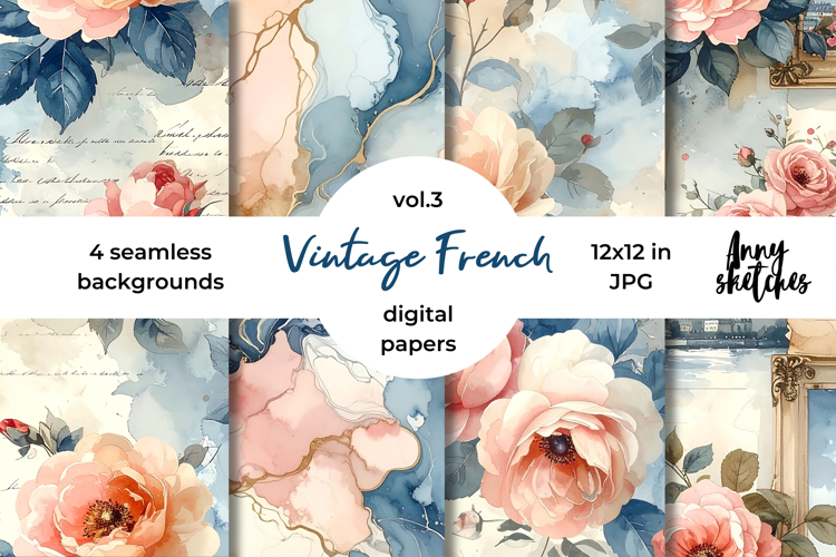 Vintage French Digital Paper Watercolor Seamless Patterns