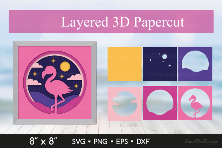 Night Flamingo 3D Shadow Box SVG, Layered Flamingo Paper Cut
