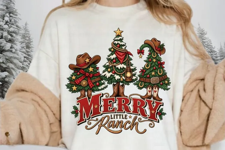 Merry Little Ranch Christmas PNG, Cowboy Christmas Tree