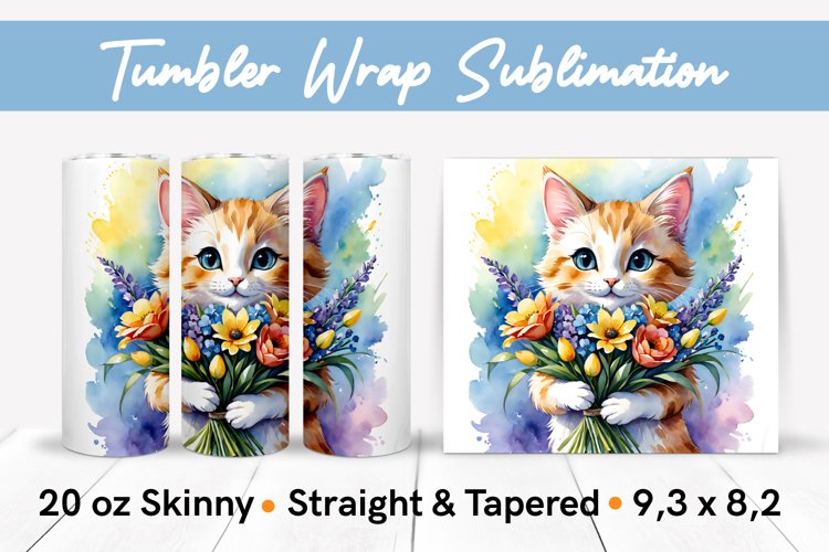 Watercolor Cat with Spring Flowers, Tumbler Wrap Sublimation