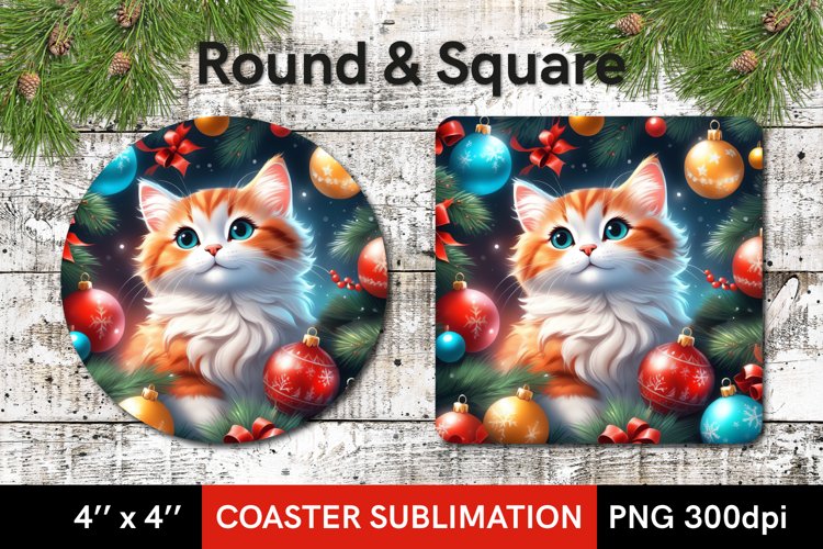 Cute Christmas Cat - Round and Square Xmas Coaster Design