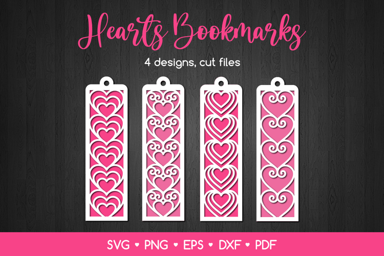 4 Bookmarks with Hearts SVG, Valentines Day Laser cut