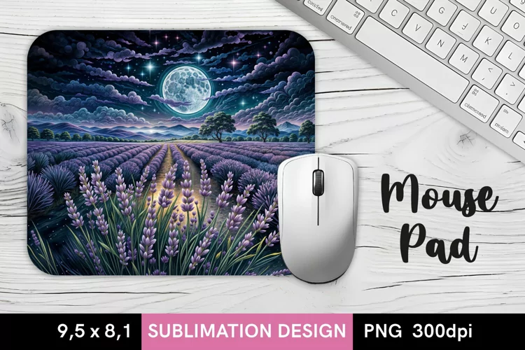 Lavender Field with Big Moon - Mouse Pad Sublimation Design