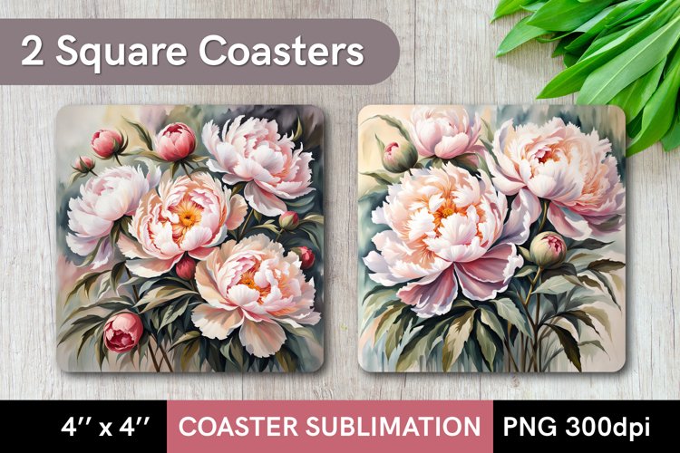 Peonies Flowers - 2 Square Coasters Sublimation example image 1