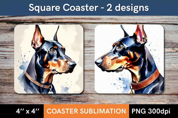 Watercolor Doberman Pinscher - 2 Square Coaster Designs PNG