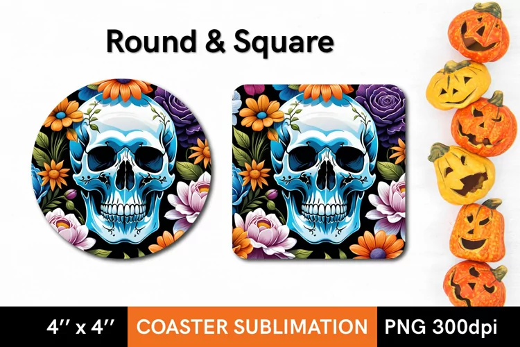 Scull with Flowers. Coaster Sublimation Design PNG