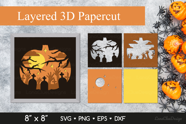 Halloween Scene with Pumpkin Shape - 3D Shadow Box SVG